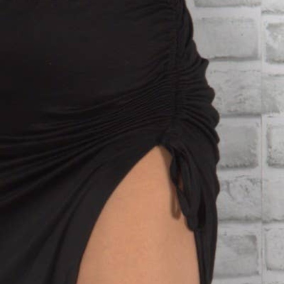 High Waisted Black Slit Skirt | Stretchy Bodycon Midi Skirt w/ Adjustable String - Picture 4 of 7